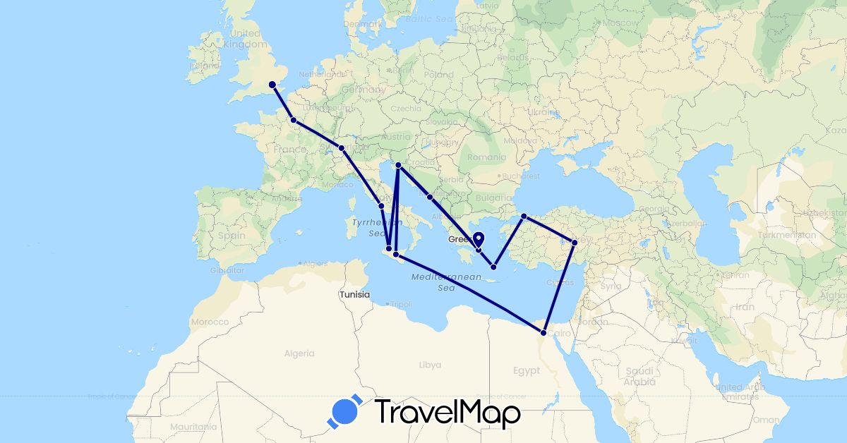 TravelMap itinerary: driving in Switzerland, Egypt, France, United Kingdom, Greece, Croatia, Italy, Turkey (Africa, Asia, Europe)